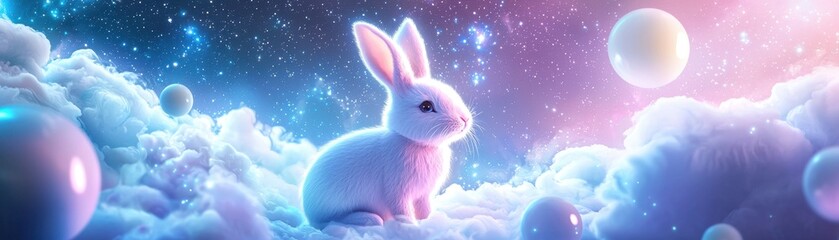 Glowing Neon Easter Background concept. A whimsical rabbit in a dreamy, colorful cosmic scene