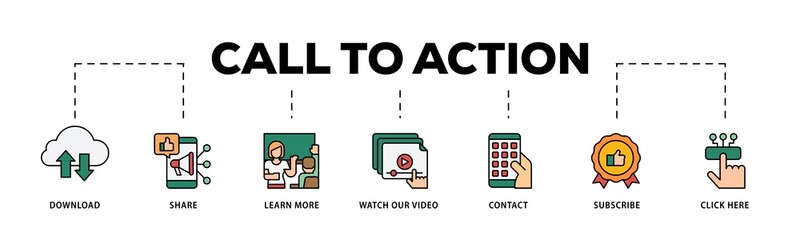 Call to action infographic icons flow process which consists of  click here, watch our video, subscribe, contact, learn more, share, download icon live stroke and easy to edit .