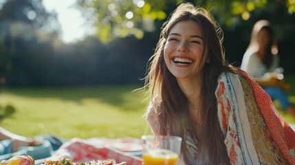 Fototapeta premium A joyful young woman enjoying a bright summer picnic with friends in a sunny park, surrounded by nature and laughter.