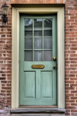A stunning vintage green door is embedded in a rustic brick wall, beautifully highlighting urban charm as the afternoon light casts its glow