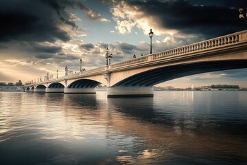 Fototapeta premium Eloquent twilight over a historic bridge with reflective waters and dramatic clouds, capturing the atmosphere and beauty of the evening