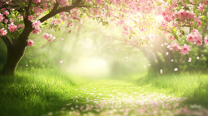 A pathway lined with blooming apple trees, vibrant green grass beneath, soft petals falling gently in the breeze, peaceful and fresh spring setting