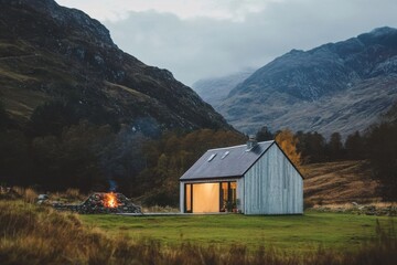 Experience the charm of a stunning modern cabin nestled in the serene mountainous landscape of the Scottish Highlands, where a warm firepit glows invitingly at dusk.