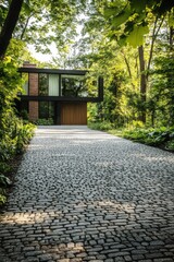 In a serene forest glade, modern architectural design harmoniously integrates with the natural surroundings, creating a peaceful oasis that thrives in the warm afternoon light