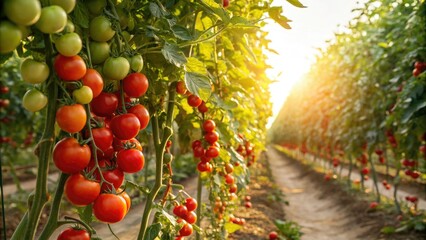 Sunlit tomato vines with ripe red tomatoes and other seasonal fruits in a vibrant display, seasonal harvest, farm fresh produce, colorful produce, lush gardens, garden display
