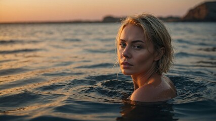 Woman swimming in calm waters at sunset, reflecting on nature and solitude