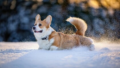 A cheerful corgi bounds through fresh snow, leaping and kicking up frozen crystals in joy.