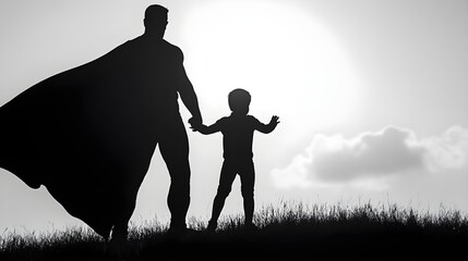 black and white silhouette of super dad or father and child, fathers day special