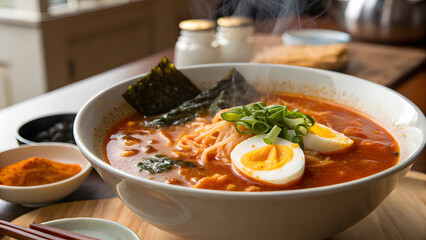 Spicy Korean Kimchi Ramen with Soft-Boiled Egg and Seaweed. Perfect for: Korean Food Festivals, Winter Dining, Spicy Food Promotions
