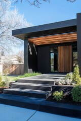 Modern architectural design of a sleek black house featuring wooden accents, surrounded by lush greenery on a sunny day in an upscale neighborhood