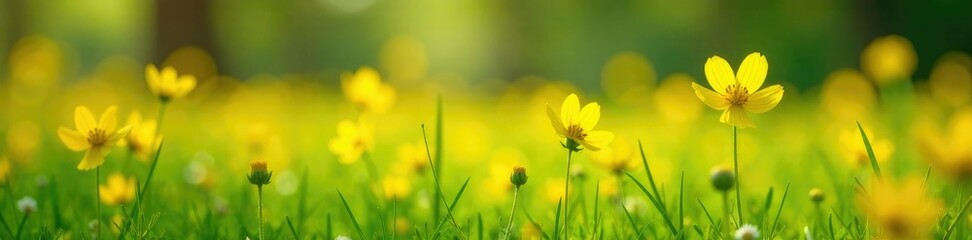 Fototapeta premium Sunny meadow with bright yellow St John s wort flowers, nature, yellow petals, meadow