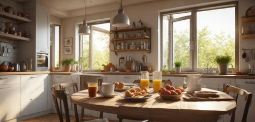 sunny morning breakfast scene in a cozy kitchen, soft focus, basil,