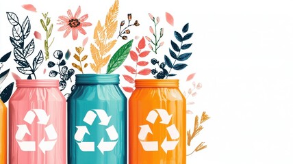 Colorful recycling cans surrounded by vibrant flowers and leaves, emphasizing eco-friendliness and sustainability.