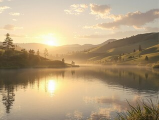 Obraz premium Sunrise over a tranquil lake with surrounding hills, sunrise, reflection, peaceful