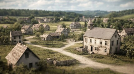 Rural village church, dirt road, green fields, historical setting, travel brochure