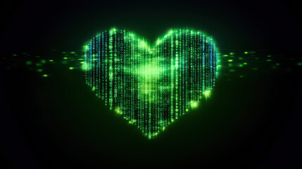 green heart shape electronic digital cloud, computing and technology code binary in a futuristic style background.	