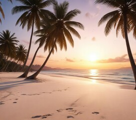 Obraz premium Sunset on a white sandy beach with palm trees, colorful sunset, sky above, nature's beauty.