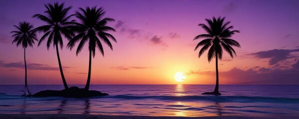 Obraz premium Sunset on the ocean with a blue purple gradient background and silhouetted palm trees, landscape, ocean, sunset