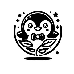 Adorable Penguin Cartoon Character Illustration: Black and White Vector Graphic