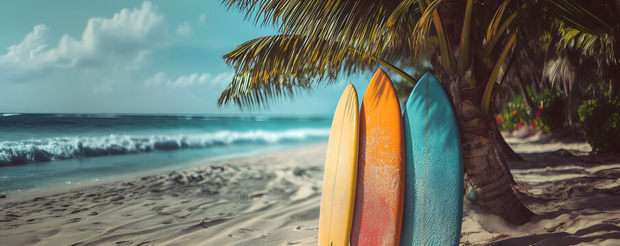 Surfers' boards resting on a sandy beach under palm trees with ocean waves in the background.