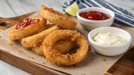 Crispy Onion Rings with Crunchy Coating. Perfect for: Fast Food Advertisements, Game Night Snacks, Casual Dining