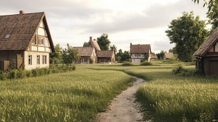 Rural village path, idyllic houses, green field, sunset