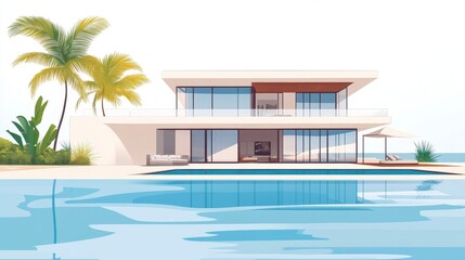 Fototapeta premium Modern Minimalist Villa with Pool and Palm Trees in Tropical Setting