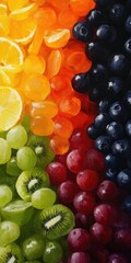 A vibrant assortment of colorful fruits displayed in a visually appealing arrangement, showcasing a rainbow of fresh produce.
