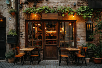 Fototapeta premium Charming bar facade on a cobblestone street in the historic city center with warm lighting and rustic design