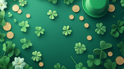 Naklejka premium Festive Saint Patrick’s Day Background with Clover Leaves, Gold Coins, and Green Leprechaun Hat on Vibrant Green Surface