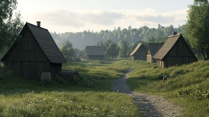 Obraz premium Rural village sunrise, path, forest background; idyllic scene