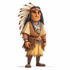 Obraz premium Indian chief, full length with feathers on a white background in a cartoon.