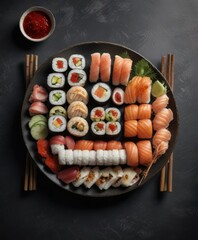 Sushi plate with garnishes on a dark background , sesame seeds, restaurant, edible flower
