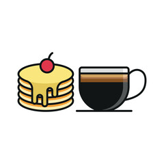 Coffee glass and pancake set icon represents a cozy breakfast and café culture, perfect for bakery branding, menu designs, coffee shop promotions, and food-related visuals.