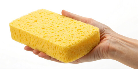 Fototapeta premium A Large Yellow Sponge Held in Hand, Ideal for Cleaning and Household Use