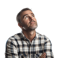Fototapeta premium thoughtful Caucasian man with crow’s feet and plaid shirt isolated on transparent white background