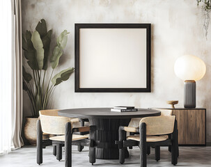 3D rendering of an empty picture frame on the wall in a Scandinavian-inspired interior design, a dining room with a round table and chairs, neutral tones, light wood accents, white walls, curtains, 