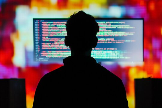 Silhouette of a programmer working on coding in a dimly lit room in front of a colorful monitor display at night