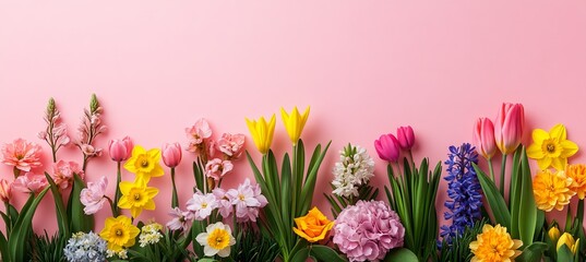 Obraz premium Vibrant Spring Floral Arrangement Daffodils, Hyacinths, and Tulips on Pink Background