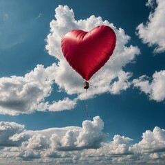 Fototapeta premium A heart-shaped rose-red balloon floating in a sky of soft white clouds.