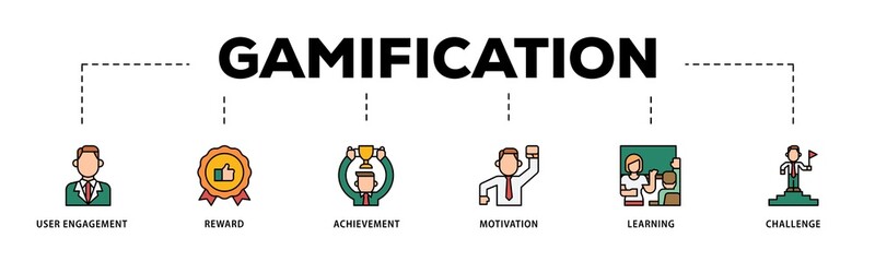 Gamification infographic icons flow process which consists of user engagement, reward, achievement,...