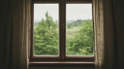 Serene countryside view through rustic window