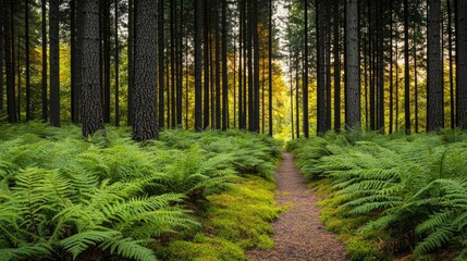 Fototapeta premium Forest pathway nature concept. A tranquil forest path surrounded by lush ferns and towering trees, inviting exploration.