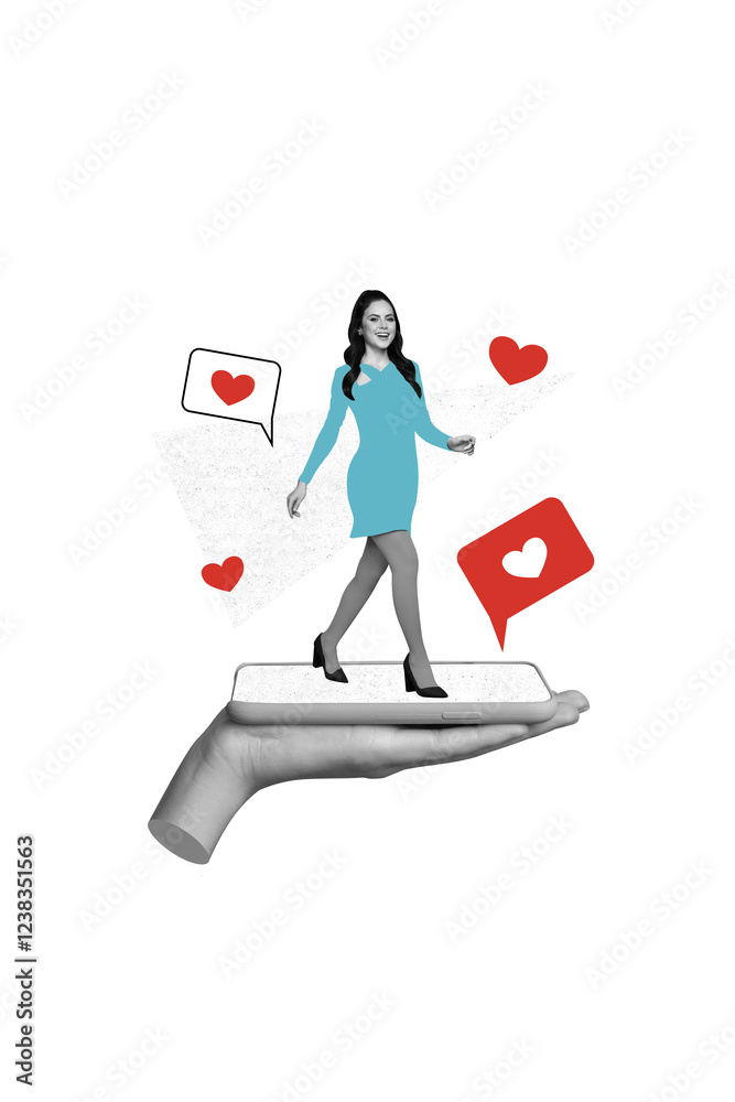 Aufkleber collage 3d pinup sketch image of smiling happy lady getting instagram twitter telegram facebook like