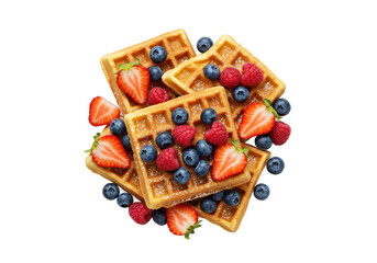 Waffles with berries and powdered sugar isolated on white background