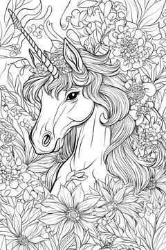 unicorn with flowers on its head is the main subject of the image. The flowers are scattered throughout the background, creating a whimsical and colorful atmosphere. Coloring book page. 