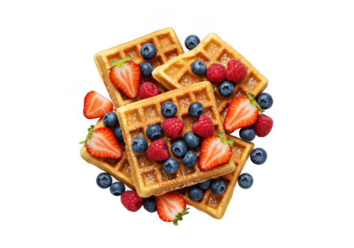 Waffles with berries and powdered sugar isolated on white background