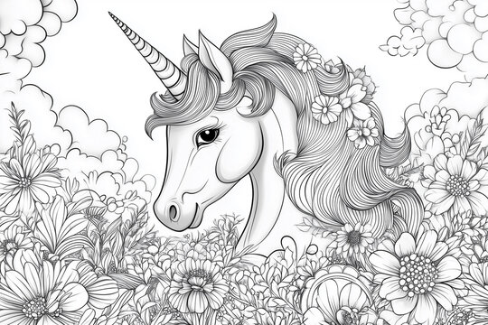 unicorn with a flowery mane and a flowery background. The unicorn is the main focus of the image, and the flowers surrounding it create a whimsical and magical atmosphere. Coloring book page. 