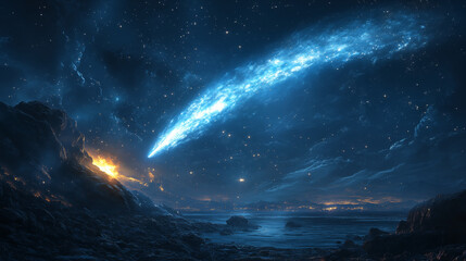 Luminous comet streaking across starlit night sky over rocky coastline, celestial phenomenon illuminating ocean landscape. Cosmic event in natural setting