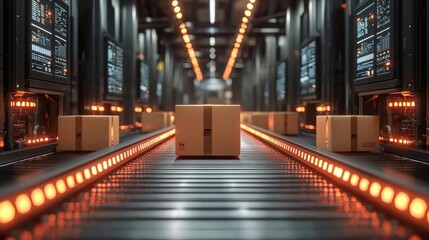 Seamless Supply Chain in Futuristic Logistics Hub with Automated Conveyor Belts and Digital Screens